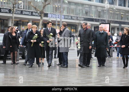 Berlin, Germany. 17th Feb, 2017. Federal Chancellor Merkel and the Canadian Prime Minister Justin Trudeau visit together the poster place on Breitscheid in Berlin and think of the victims of the poster on the 19th of December, 2016. They lay down flowers. Credit: Simone Kuhlmey/Pacific Press/Alamy Live News Stock Photo