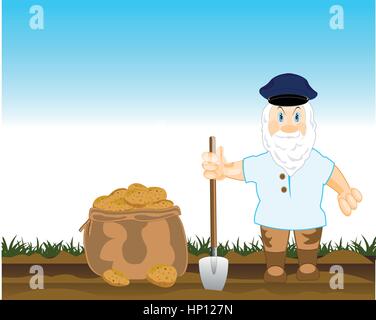 The Man in field digs the potatoes.Vector illustration Stock Vector