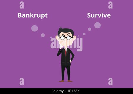 illustration of a man wearing spectacles confuse think about to bankrupt or survive Stock Vector