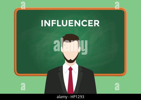influencer white text illustration with a bearded man wearing black suit standing in front of green chalk board Stock Vector