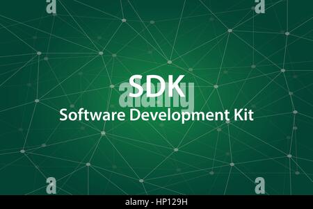 SDK Software Development Kit white tetx illustration with green constellation map as background Stock Vector