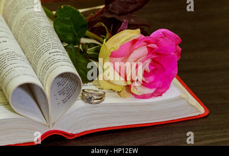 wedding ring on the bible Stock Photo