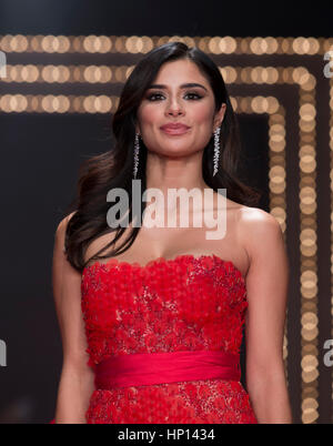 New York, NY USA - February 9, 2017: Diane Guerrero in Gustavo Cadile walks runway for the Red Dress Collection 2017 fashion show by Macys at Hammerstein Ballroom at Manhattan Center benefit American Heart Association Stock Photo