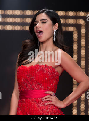 New York, NY USA - February 9, 2017: Diane Guerrero in Gustavo Cadile walks runway for the Red Dress Collection 2017 fashion show by Macys at Hammerstein Ballroom at Manhattan Center benefit American Heart Association Stock Photo