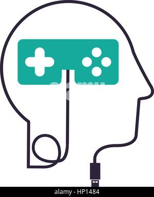 silhouette profile human head with usb connector and control video game vector illustration Stock Vector