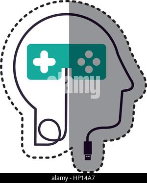 sticker silhouette profile human head with usb connector and control video game vector illustration Stock Vector