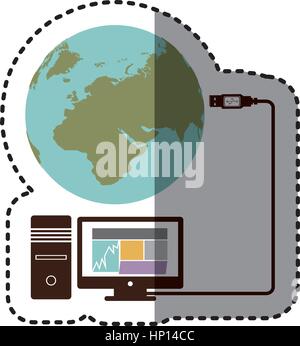 sticker desktop computer global hosting database vector illustration Stock Vector