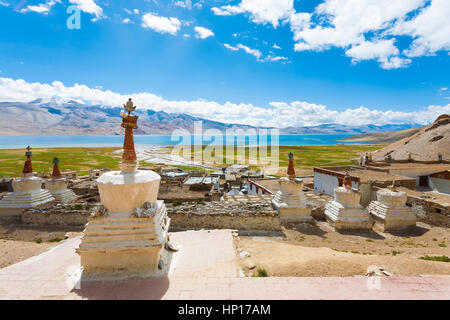 High angle view of high altitude Tso Moriri Lake from monastery stupa behind Korzok village on a clear, blue sky summer day in Ladakh, India Stock Photo