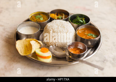 Vegetarian Nepali Thali (Dal Bhat) set, a traditional meal with rice and pulses in Nepal Stock Photo