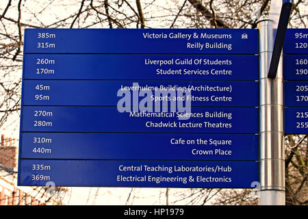 Sign board giving directions to various parts of Liverpool University campus, Liverpool UK Stock Photo