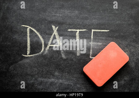 erasing date, hand written word on blackboard being erased concept Stock Photo