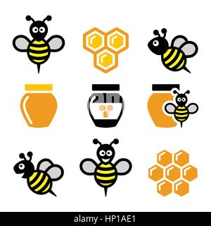 Bee and honey, honeycomb vector icons set Stock Vector
