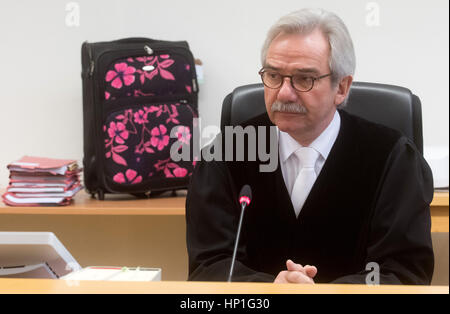 Hanover, Germany. 17th Feb, 2017. Judge Wolfgang Rosenbusch in the State Court in Hanover, Germany, 17 February 2017. 22-year-old defendant Laura S. faces numerous charges including attempted manslaughter after her boyfriend discovered a suitcase in her flat containing the remains of a dead baby and a recently born, still living infant in late September 2016. Photo: Julian Stratenschulte/dpa/Alamy Live News Stock Photo