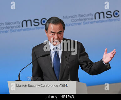 Munich, Germany. 17th Feb, 2017. Chinese Foreign Minister Wang Yi addresses the 53rd Munich Security Conference in Munich, Germany, Feb. 17, 2017. Credit: Luo Huanhuan/Xinhua/Alamy Live News Stock Photo