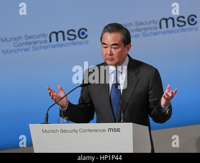 Munich, Germany. 17th Feb, 2017. Chinese Foreign Minister Wang Yi addresses the 53rd Munich Security Conference in Munich, Germany, Feb. 17, 2017. Credit: Luo Huanhuan/Xinhua/Alamy Live News Stock Photo