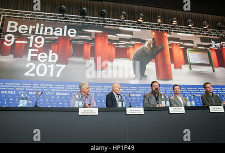 Berlin, Germany. 17th Feb, 2017. Cast members attend a press conference for the film 'Logan' during the 67th Berlinale International Film Festival in Berlin, capital of Germany, on Feb. 17, 2017. Credit: Shan Yuqi/Xinhua/Alamy Live News Stock Photo