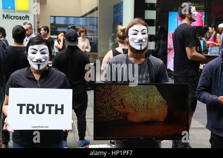 Sydney, Australia. 18 February 2017. ‘A group of Vegans held a silent protest in Pitt Street Mall, wearing anonymous ‘Guy Fawkes’ ‘ masks. Some held placards with the word ‘truth’ whilst others held screens appearing to show animal cruelty. Credit: © Richard Milnes/Alamy Live News