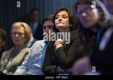 London, UK. 17th Feb 2017. Wife of Tony Blair, Cherie Blair listens to Tony Blair making a keynote speech about Brexit at an Open Britain event held at Bloomberg in London. In his first major speech since the European Union (EU) referendum, former Prime Minister, Tony Blair has called for Remain supporters to fight to stop Brexit, claiming that voters were misinformed when they voted for Brexit and that Prime Minister, Theresa MayÕs agenda is being dictated by hardline Eurosceptics. Credit: Vickie Flores/Alamy Live News Stock Photo