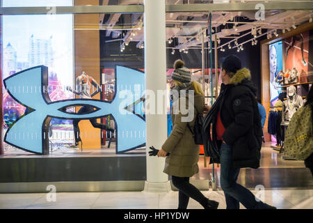 The Under Armour store in the Westfield World Trade Center Oculus mall in New York on Saturday, February 11, 2017.  Under Armour's celebrity endorsers, basketball player Steph Curry, ballet dancer Misty Copeland and actor Dwayne Johnson have expressed their displeasure with Under Armour founder and CEO Kevin Plank's pro-Trump comments.  (© Richard B. Levine) Stock Photo