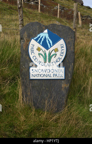 Boundary Marker stone for Snowdonia National Park at Blaenau Ffestiniog Stock Photo