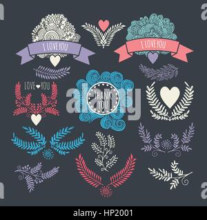 FramesHand drawing. set of vintage design elements. Twigs, hearts, invitations Stock Vector