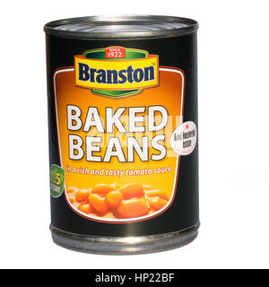 Tin of Branston baked beans, cut out or isolated against a white background. Stock Photo