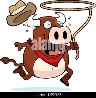 A happy cartoon rodeo bull with a lasso. Stock Vector