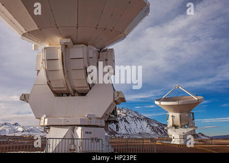 ALMA observatory, Antennas in plain of Chajnantor, 5000 meters of altitude,Array Operations Site (AOS), Atacama desert. Region de Antofagasta. Chile Stock Photo