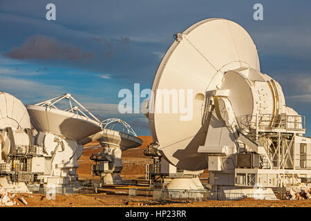 ALMA observatory, Antennas in plain of Chajnantor, 5000 meters of altitude,Array Operations Site (AOS), Atacama desert. Region de Antofagasta. Chile Stock Photo