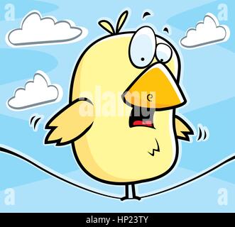 A cartoon little yellow bird balanced on a wire. Stock Vector