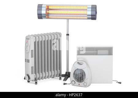 Heating devices. Convection, fan, oil-filled and infrared heaters, 3D rendering isolated on white background Stock Photo