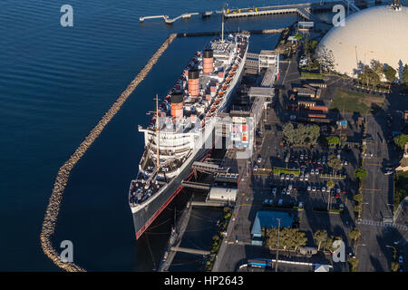 Long Beach, California, USA - August 16, 2016:  Aerial view of the historic Queen Mary cruise ship hotel and event center. Stock Photo