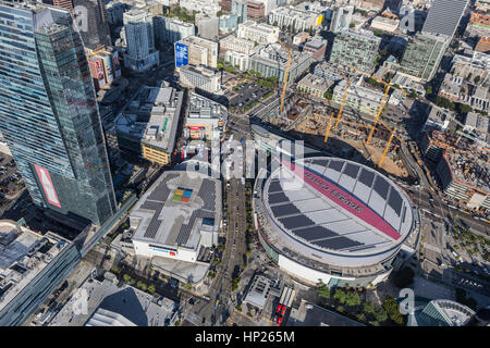 Los Angeles, California, USA - August 6, 2016:  Aerial view of Staples Center, LA Live and nearby construction.