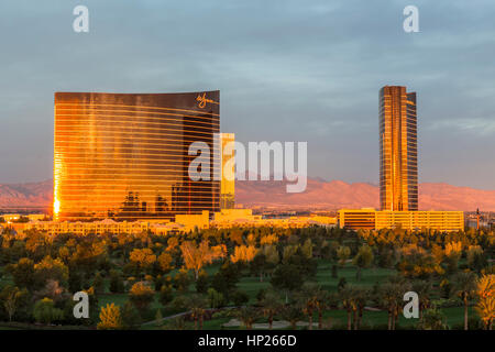 Editorial view of the popular Wynn casino resort hotel towers in warm sunrise light. Stock Photo