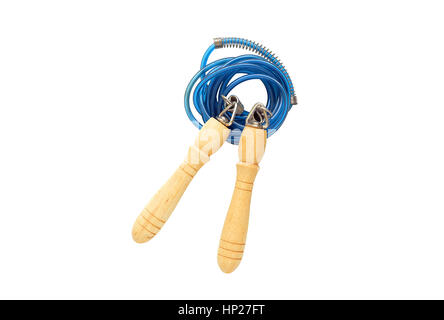 Blue skipping rope, sports and fitness accessories, isolated on white background. Stock Photo