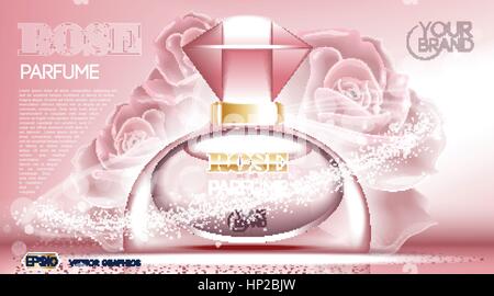 Perfume bottle Cosmetic ads template, droplet bottle mock up isolated on dazzling roses background. Place for brand text. Glamorous fragrance sparklin Stock Vector
