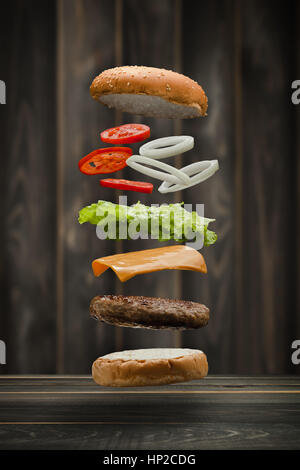 Tasty grilled beef Burger food Floating, food flying style. Stock Photo