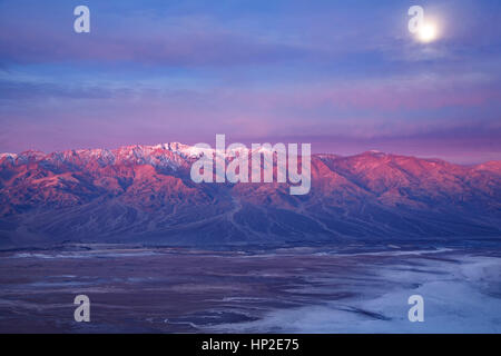 Moon over Panamint Range and Badwater Basin from Dante's View, Death Valley National Park, California USA Stock Photo
