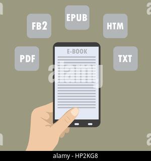 Hand Holding Electronic Book (e-book) Reader with Different Formats. Subscription as business model - vector illustration Stock Vector