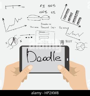 Hands holding a smart phone and doodle hand-drawn graphics Stock Vector