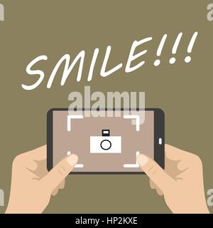 Human hands holding mobile phone camera with Smile! Vector. Stock Vector