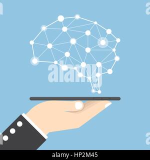 Businessman hand holding tablet with virtual brain, Artificial Intelligence (AI) and idea concept Stock Vector