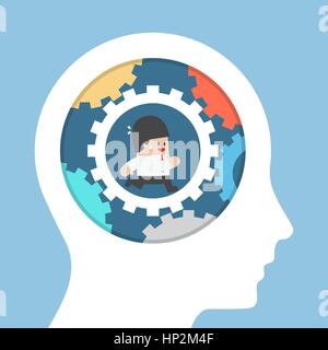 Businessman running in gear inside the head, improve idea and intelligence concept Stock Vector