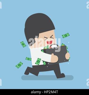 Happy businessman running with suitcase full of money, business success and wealth concept Stock Vector