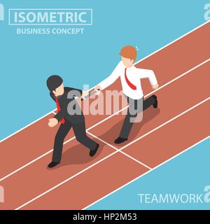 Flat 3d Isometric Businessman Passing Baton to His Colleague in Relay Race, Teamwork concept Stock Vector