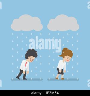 Sadness Businessman and Businesswoman Walking Under Cloud and Rain. Business Failure and Stress Concept Stock Vector