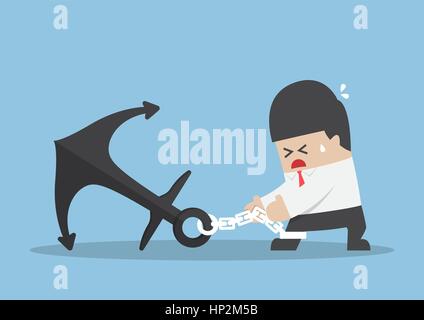 Businessman chained to a heavy metal anchor, business career obstacle and debt concept Stock Vector