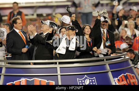 New Orleans Saints head coach Sean Payton holds the Vince Lombardi Trophy at the Super Bowl in Miami, Florida on February 7, 2010. Photo by Francis Specker Stock Photo