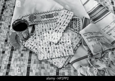 Pesach Still-life with wine and matzoh jewish passover bread Stock Photo