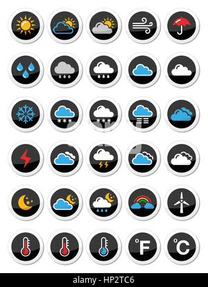 Weather round vector icons set.Round weather conditions, seasons icons set Stock Vector